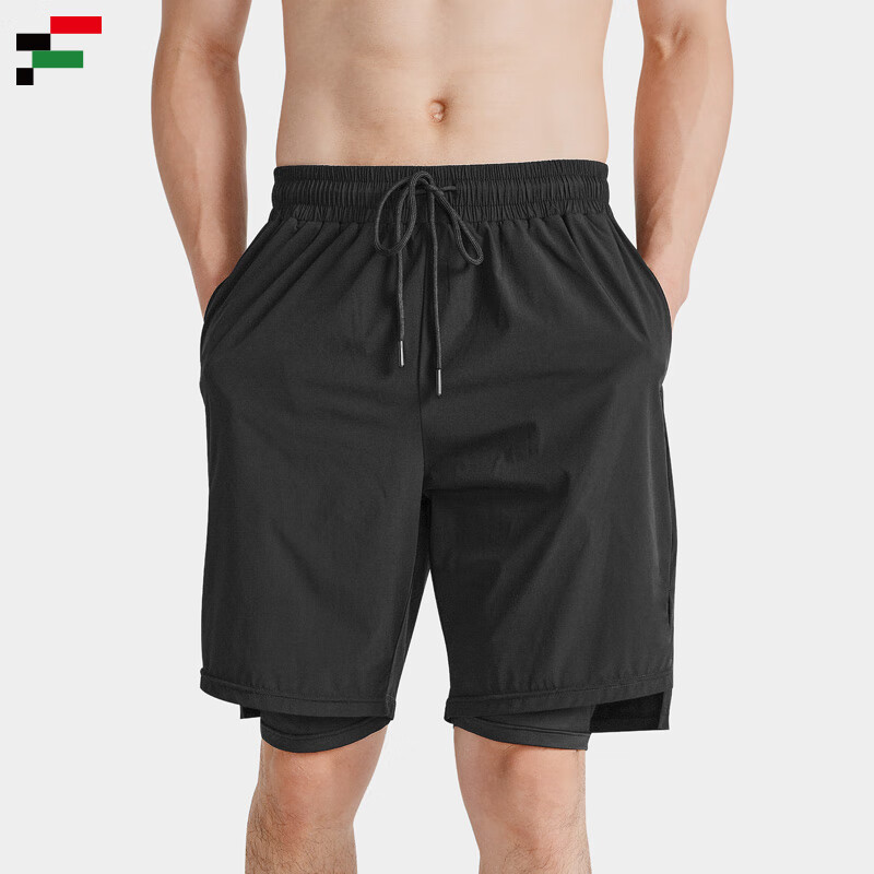 Fandimu Men's Sports Shorts, Marathon Running Black Double-Layered Inner Lining Fitness Hiking Quick-Dry Breathable Knee-Length Shorts