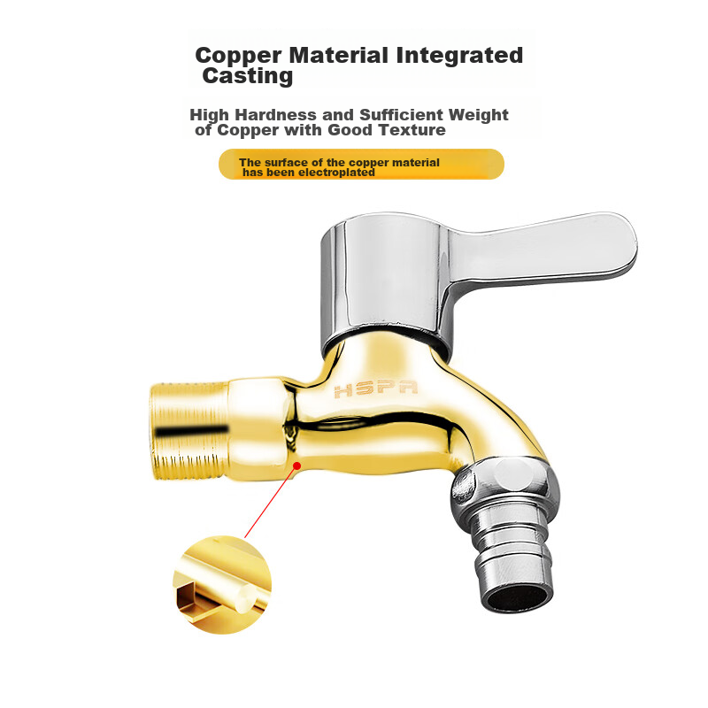 HSPA Washing Machine Faucet, One Inlet Two Outlets, Copper Material Double-Head Faucet, Single Cold Quick-Open 4-Point Spout, Universal 5112 5