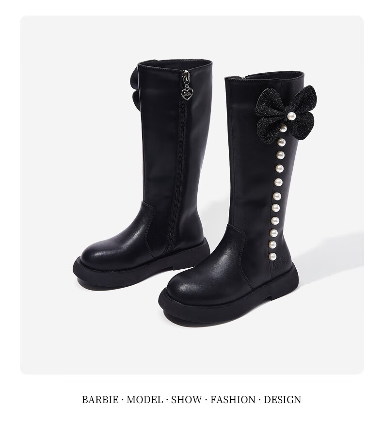 Barbie Children's Shoes, Girls' Autumn And Winter Tall Boots, Big Kids' Knight Boots, Versatile High-Top Boots, Fleece-Lined DA5639 Black Size 28 3