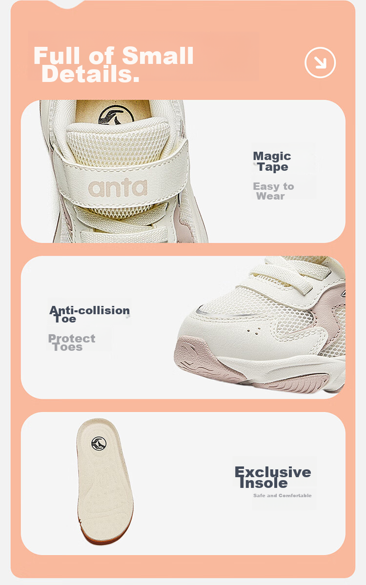 Anta Kids Autumn Sports Shoes Girls Baby Velcro Non-slip Walking Casual Shoes A12430003H 9