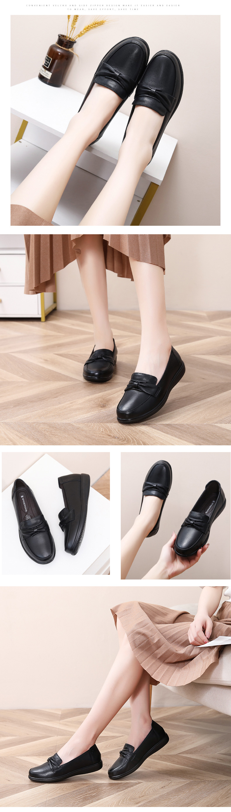 SPIDER KING Mom Shoes, Genuine Leather Soft-Soled Flats for Women, Comfortable Non-Slip Slip-On Loafers for Middle-Aged And Elderly, 22763 Black, Size 41 5