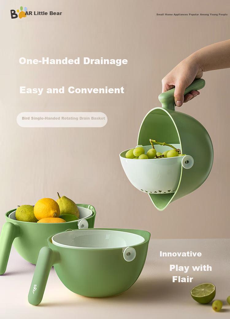 Bear Vegetable Washing Basket Draining Basket, Double-Layer Separable Draining Fruit Washing Basket, Thickened Vegetable Basin JE012-P01 1