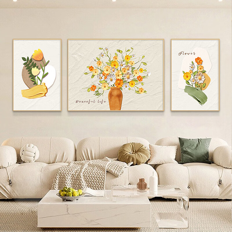 Mao Jiujiang Creamy Fresh Floral Living Room Decorative Painting Simple Modern Triptych High-End Sofa Background Wall Art