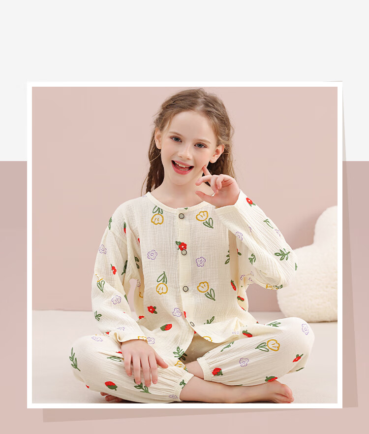 LangSha Children's Pajamas for Girls, Summer Pure Cotton Gauze Sleepwear for Older Children And Teenagers, Home Wear Set with Long Sleeves, Suitable for Outdoor Wear 5