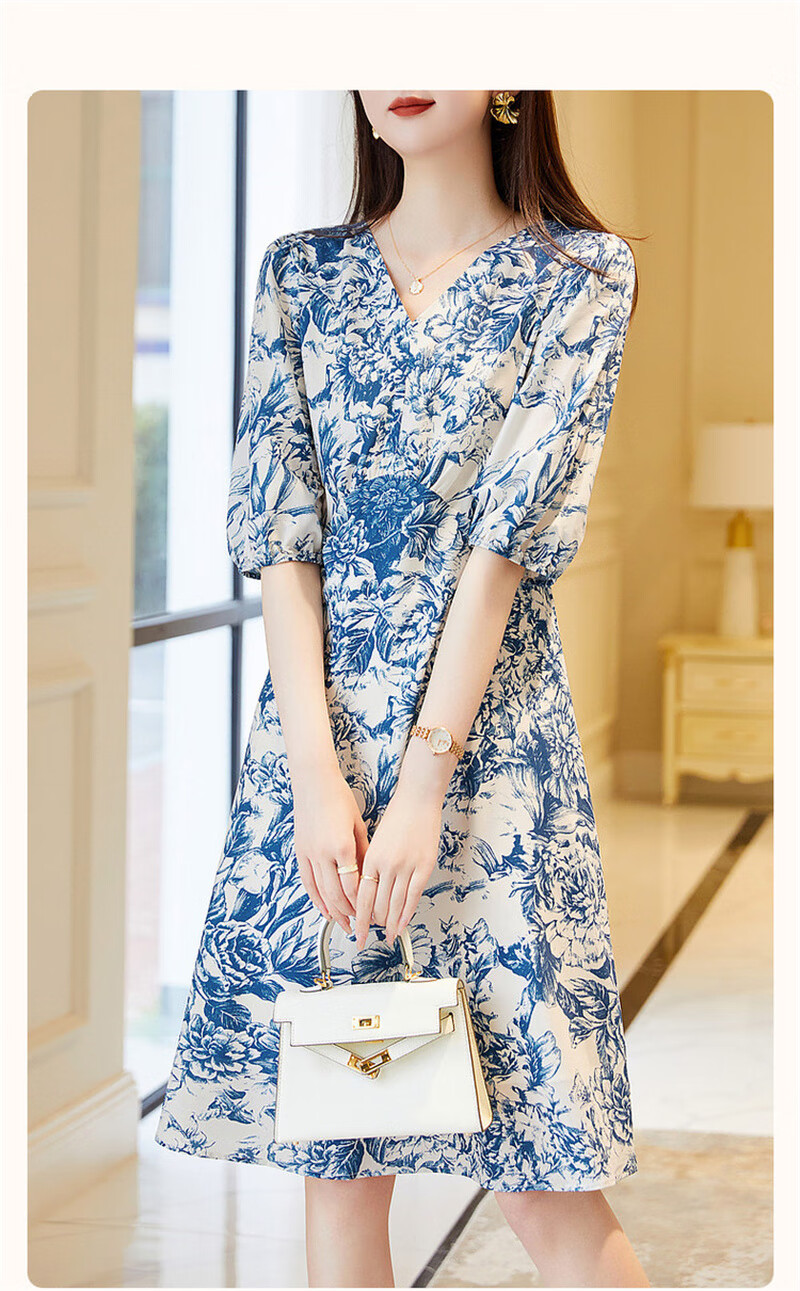 Dme [Mingyuan Faux Silk A-Line Dress] 2025 Summer V-Neck Printed Midi Dress for Wome 3