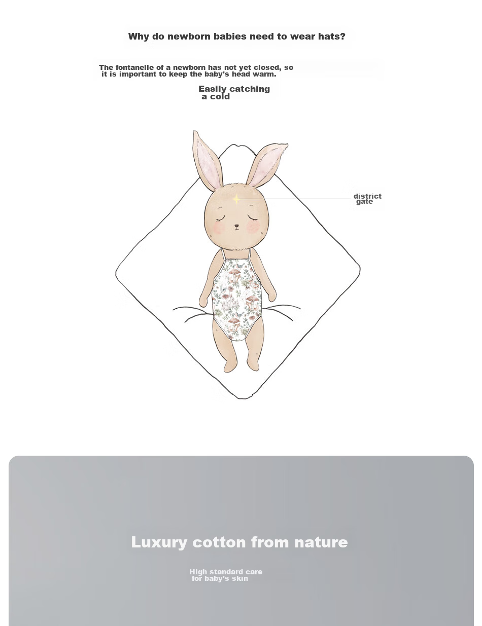 OAK FAMILY Newborn Baby Rabbit Ear Cap, Spring And Autumn Season, Pure Cotton Fontanelle Cap for Newborns, Children's Hat, 42cm 2