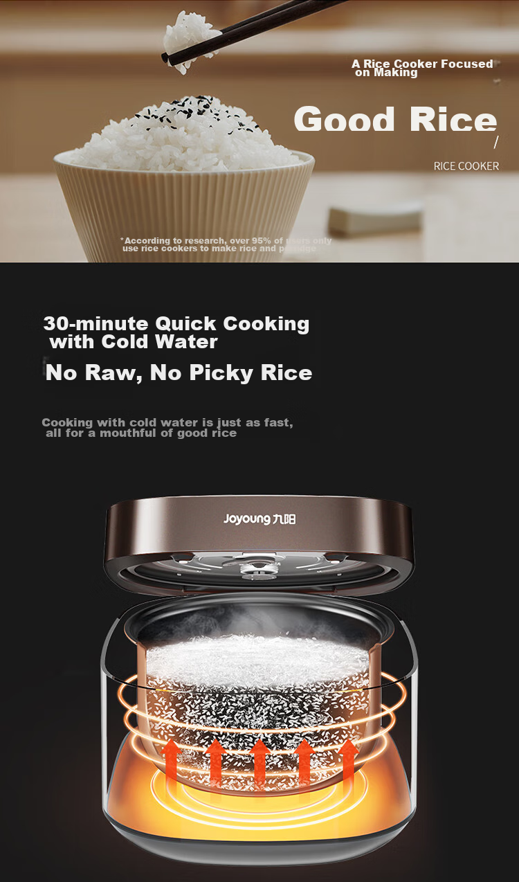 Joyoung Newly Upgraded Crystal Diamond Original Non-Stick Inner Pot, High Power Wood-Fired Rice Cooker, 3L Capacity for 2-3 People, Low Pressure Multi-Function Electric Rice Cooker, NTC Smart Control Quick Cooking Rice, F-30FZ630B 4