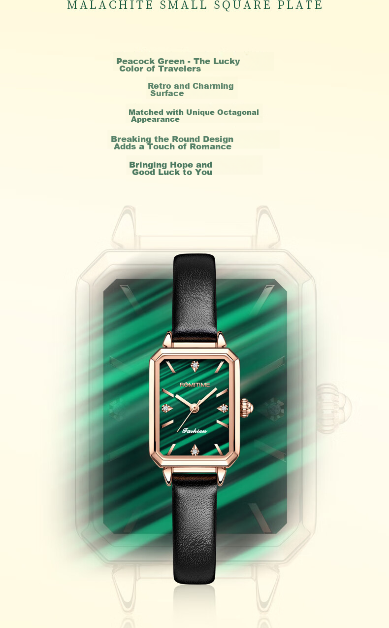 ROMITIME Women's Quartz Watch, Fashionable Elegant Light Luxury Retro Small Green Square Watch, Versatile Student Trendy Wristwatch 2