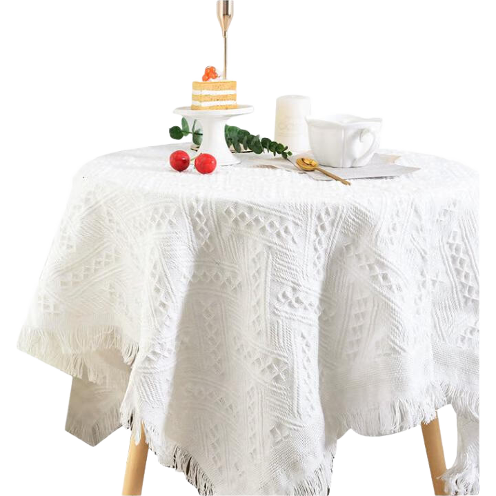 AVIVI Round Table Cloth, Fabric Cotton Linen Coffee Table Cover, White Square And Round Dining Table Cover, 130*130cm, Off-White, T-Grid Patter
