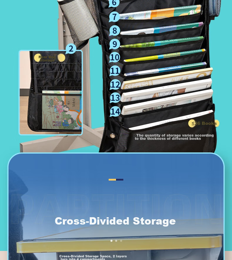 Deli 16-Grid Hanging Book Bag for Desk, Thirteen-Layer Upgraded Cross Storage Desk Hanging Bag, Student Book Storage Organizer, Thickened Version, Black School Supplies 6
