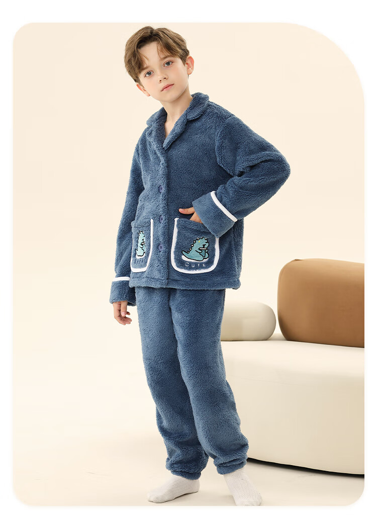 LangSha Children's Pajamas, Boys' Autumn And Winter Thickened Sleepwear, for Older Kids And Teenagers, Baby Flannel Lapel Loungewear, Warm Set 4