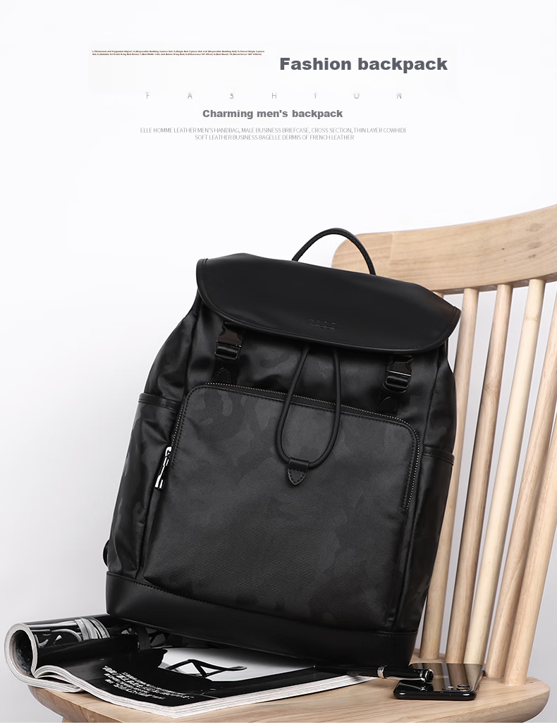 ELLE HOMME Men's Backpack, Trendy Camouflage Nylon Bag, Casual Large-Capacity 14-Inch Laptop Bag, 06260 Black 1