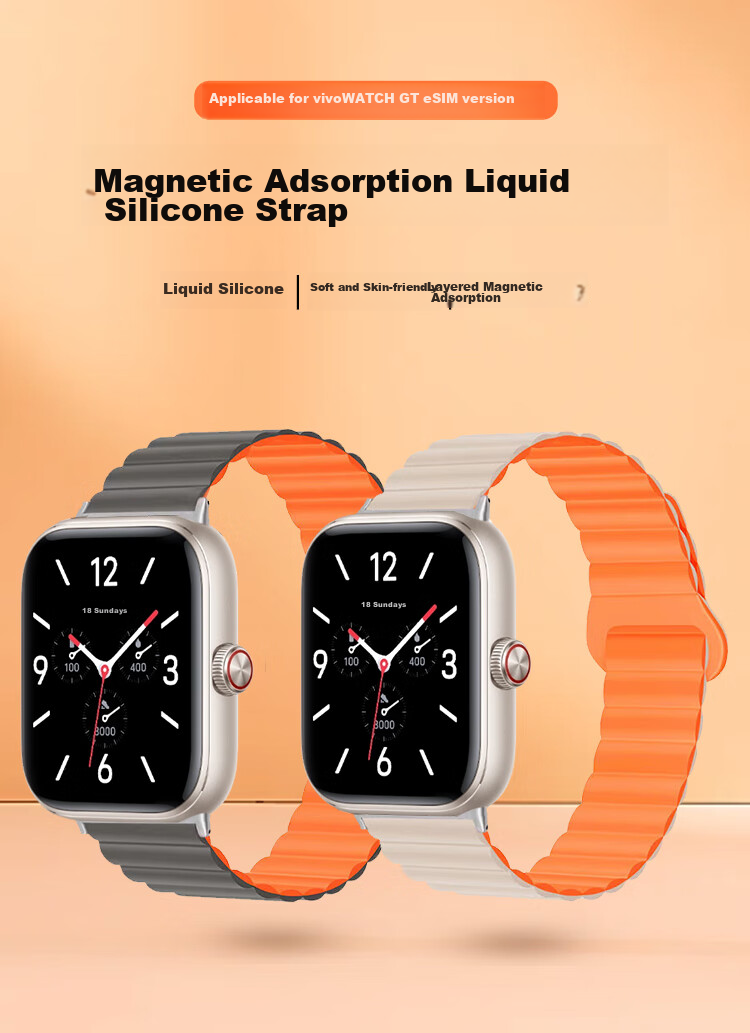 ESCASE Magnetic Silicone Watch Strap for Vivo WATCH GT ESIM Version, Breathable Comfortable Sports Dopamine Soft Skin-Friendly Starlight with Orange Band, No Ear 1