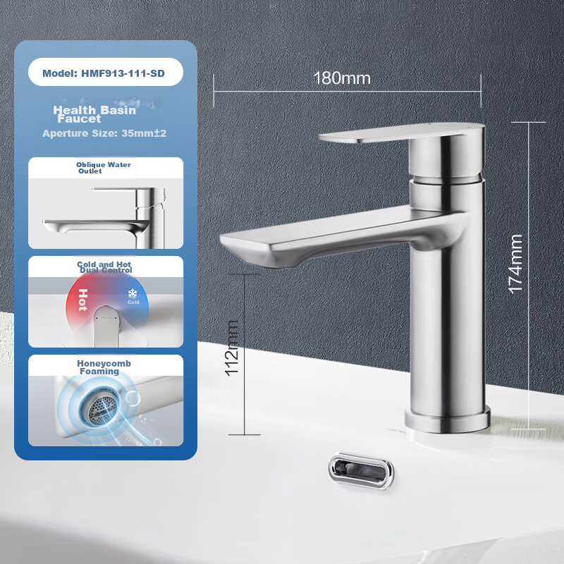 Смеситель для раковины HEGII HMF913-111-SD, 304 нержавеющая сталь, горячая и холодная вода, хромированная поверхность, одно отверстие