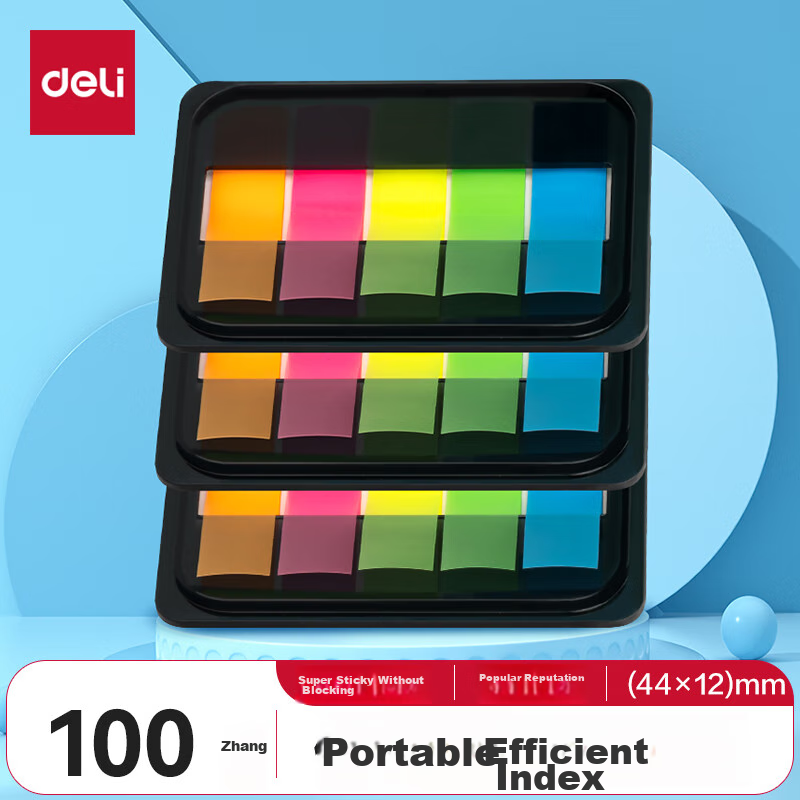 Deli 100 Sheets 5-Color Fluorescent Film Indicator Labels, 44*12mm Pull-Out Sticky Notes, Memo Pads, Note Pads, Memo Sheets, 9060
