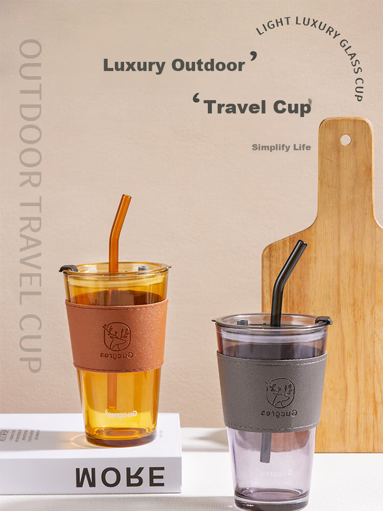 BJ Glass Water Cup, Bamboo Joint Cup with Straw, Water Cup with Lid, Coffee Mug, Gift Glass Beverage Cup, 450ML 1