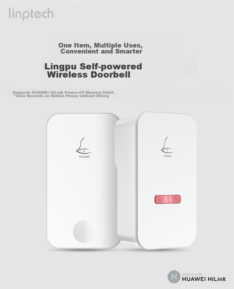 Linptech Wireless Doorbell G4L, Self-Powered Remote Reminder Home Call Button, Supports HUAWEI HiLink, One-To 2