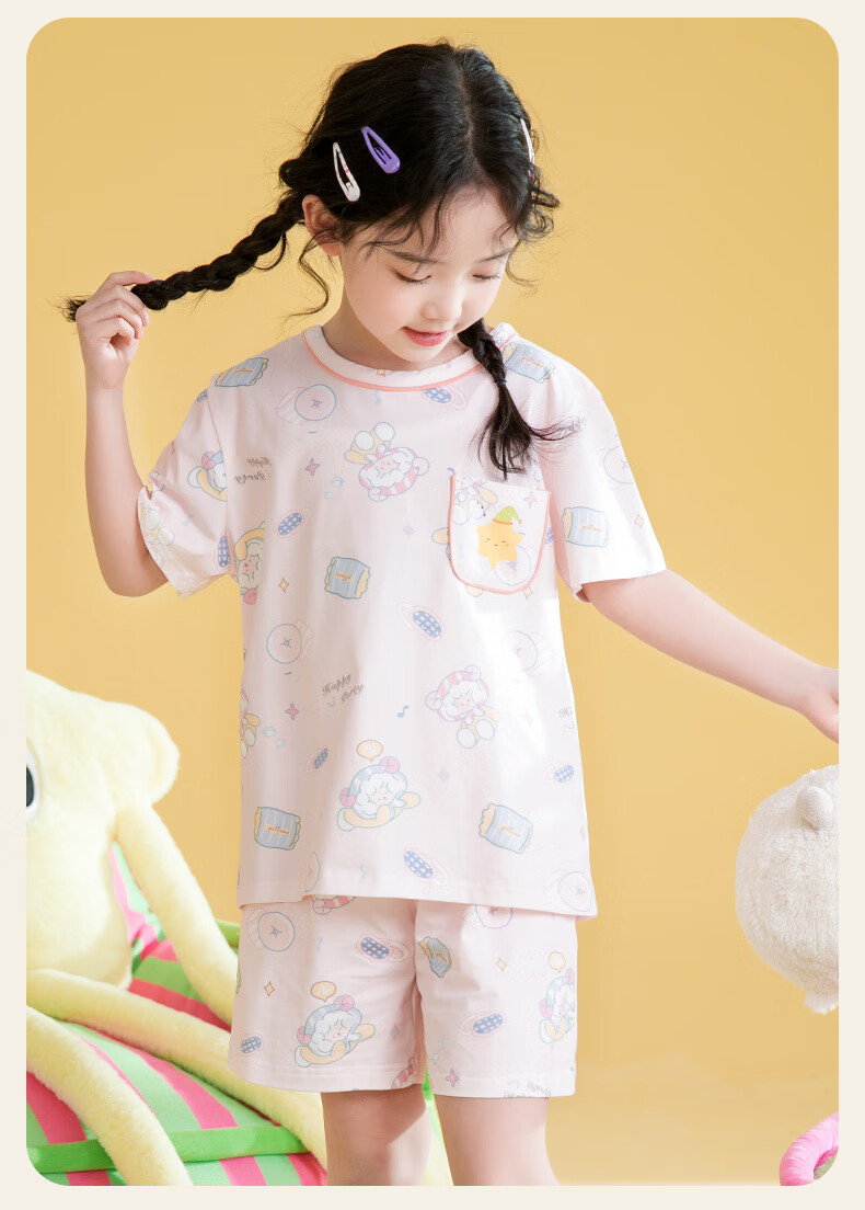 Fenteng Kids Pajamas Girls 100% Cotton Summer Round Neck Loose Cartoon Short Sleeve Shorts Homewear 12