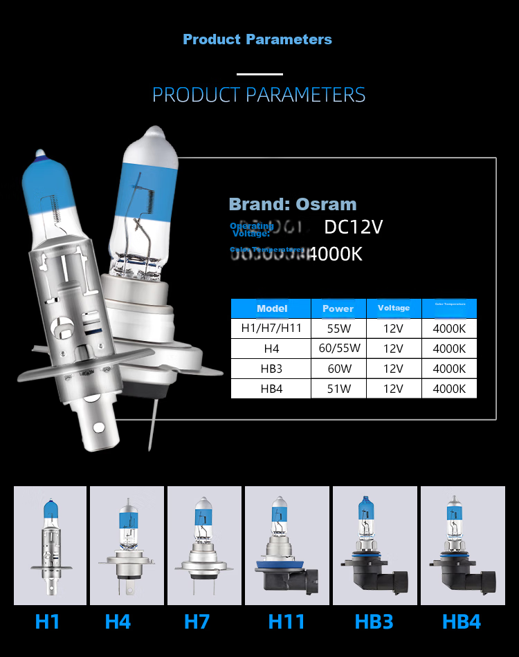 OSRAM Automotive Bulb, Headlight, High Beam, Low Beam, Halogen Lamp, Bright White Blue H1 [4000K], 12V 55W 6
