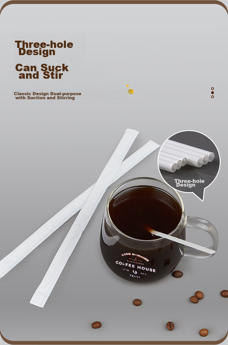 YOUAO Disposable Stirrers, 100 Individually Wrapped, PLA Biodegradable, Three-Hole Plastic Coffee Stirrers for Hot Drinks 3