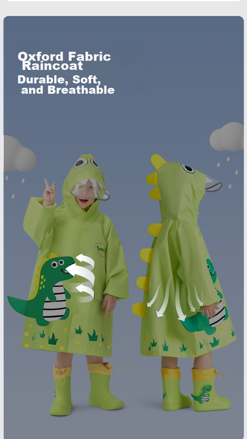 Moremerry Children's Raincoat for Boys And Girls, Kindergarten Kids, Toddlers, Full-Body Poncho, Yellow Cute Dinosaur Design, XL Size 8