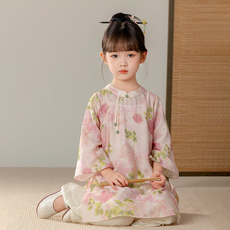 Menghu Ruoli Hanfu Girls' 2026 Spring New Chinese-Style Set, Vintage-Style Long-Sleeve National Style Parent-Child Outfit, Pink Floral Pattern, Size 150