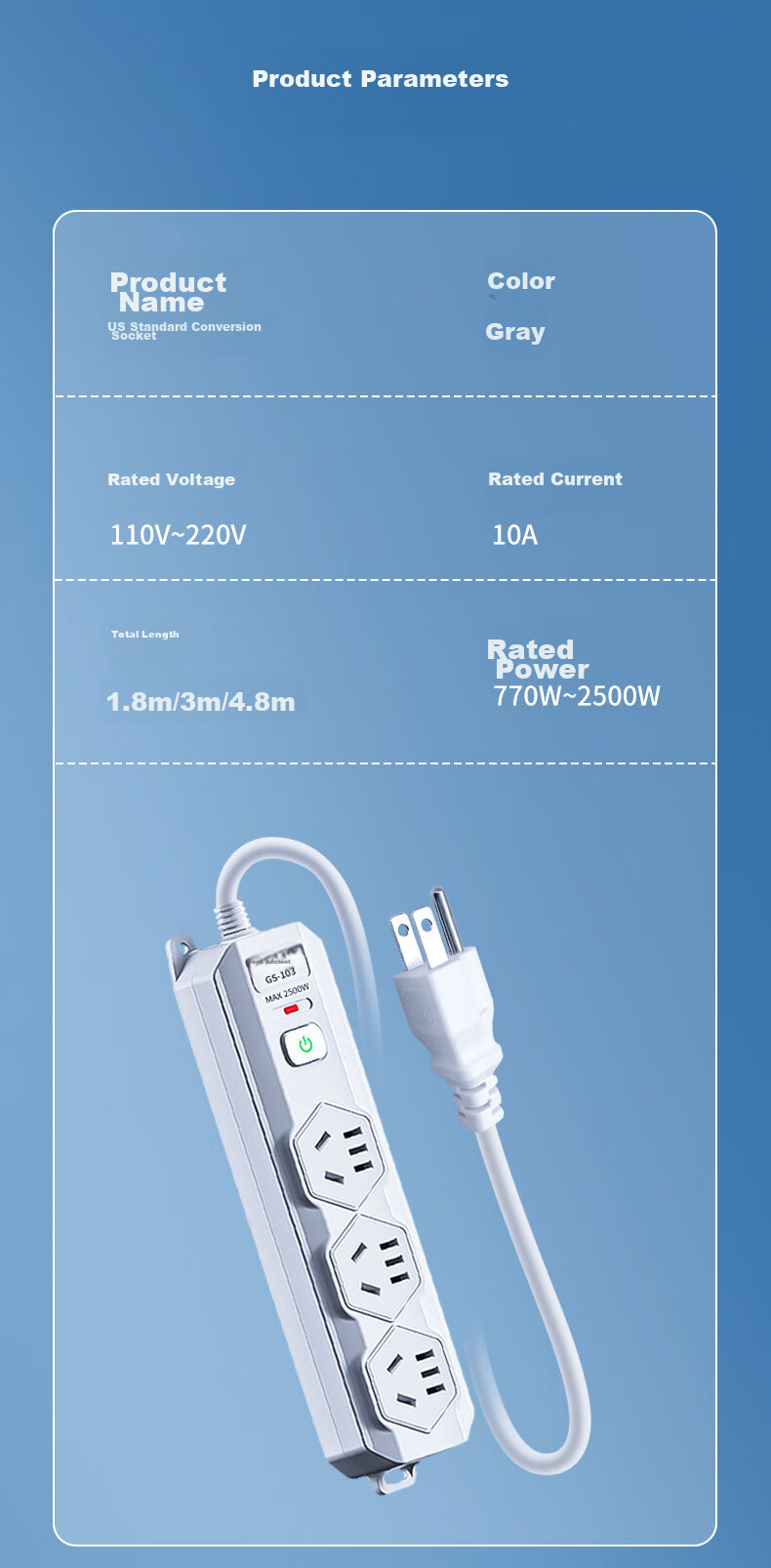 JS JISHUN American Standard Converter Plug, Chinese Standard Power Strip, US to China Adapter, Canadian Philippines Thailand Brazil Travel Study Converter, American Standard Plug, 3 Meters 13