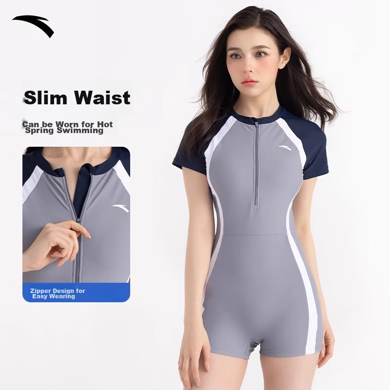 ANTA Slim Waist One-Piece Swimsuit for Women, New Style Swimming Boyshorts, Conservative Slimming Hot Spring Resort Swimwear, Gray Blue XL