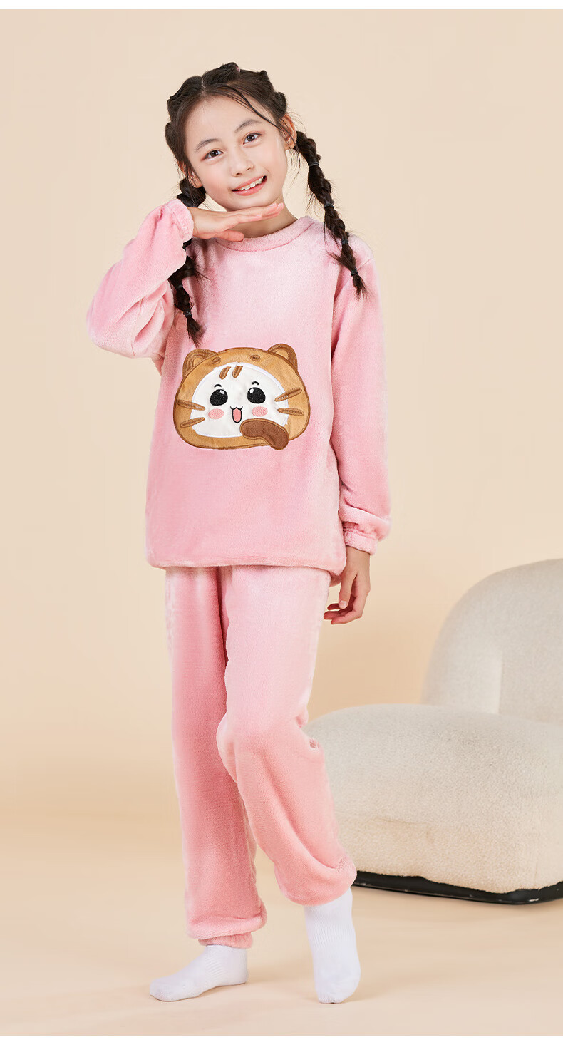 LangSha Children's Pajamas, Boys' Autumn And Winter Round Neck Fleece-Lined Thickened Double-Sided Flannel, Girls' Home Wear, Warm Set, Size 150 18