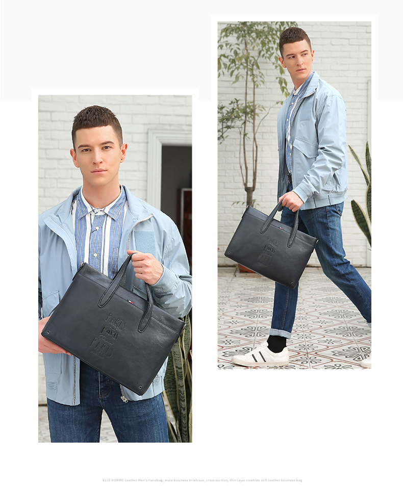 ELLE HOMME Men's Business Briefcase, Trendy Multifunctional Top-Grain Leather Handbag, Casual Horizontal Style Shoulder Crossbody Bag EA988201710 Black 2