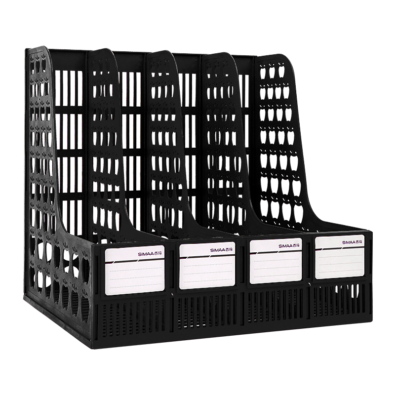 SIMAA Four-Section Hollow Desktop File Organizer with Labels, Office File Rack/file Holder/document Basket/document Storage Box, Classic Black, 6899