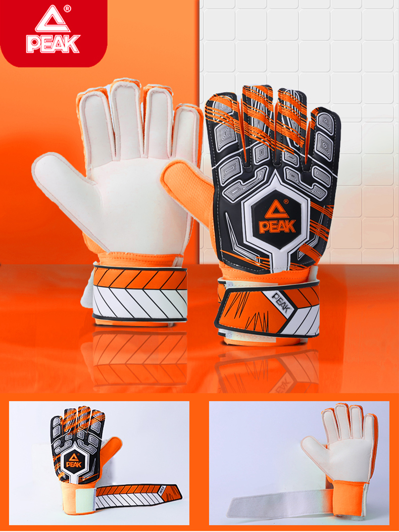 PEAK Goalkeeper Gloves with Finger Protection, Natural Latex, Non-Slip, Wear-Resistant, Shock-Absorbing, for Adults And Children, Professional Training Goalkeeper Gloves, Soccer Gloves, Goalkeeper Equipment, Orange, Size 8 7