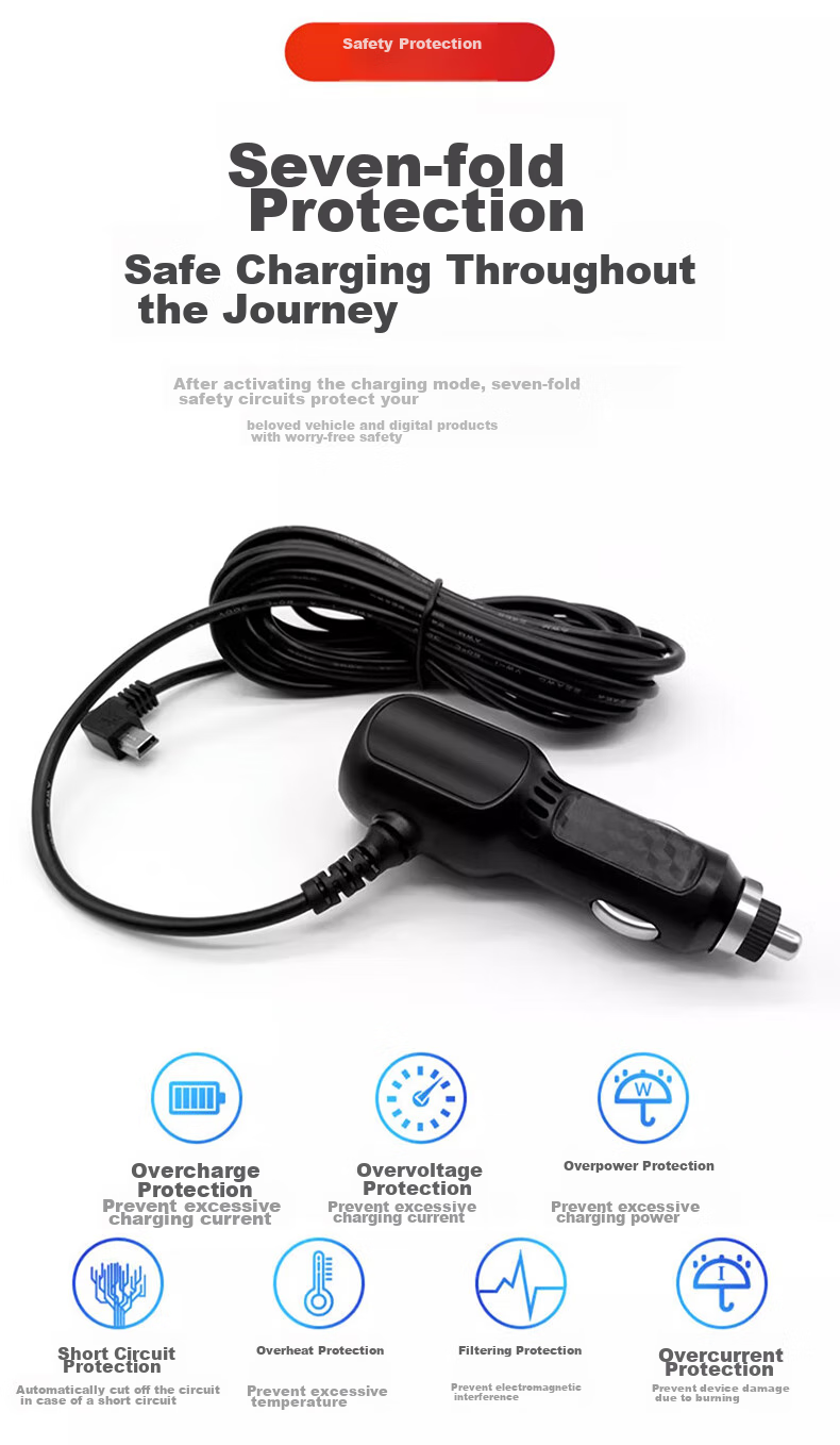 Meiyazhixing Car Charger, 3.5-Meter Cigarette Lighter Power Cord, Dash Cam Power Cable, Dual USB Ports, Digital Display 3