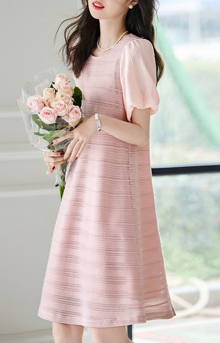 Dme [Atmospheric And Elegant Female Lead] Summer Round Neck Puff Sleeve Single-Button A-Line Dress Striped Patchwork Dress for Wome 14