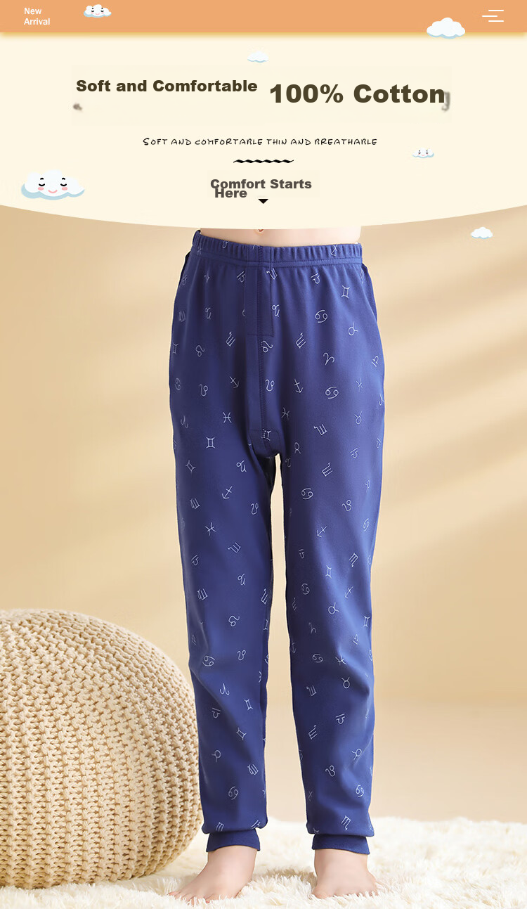 Nanjiren Children's Autumn And Winter Cotton Thermal Pants, Boys' Long Johns, Big Kids' Pajama Pants, Student Warm Trousers, 2-Pack, White + Blue, Size 110 1