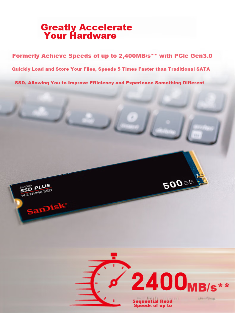 Sandisk 500GB SSD, 2400MB/s Read Speed, PLUS Enhanced Performance Version, M.2 Interface, TLC High-Speed NVMe Protocol, PCIe 3.0, Laptop Expansion, 2280 2