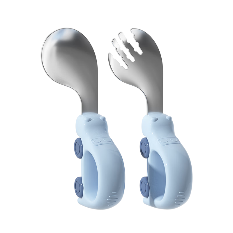 LUSN Baby Self-Feeding Spoon, First-Year Infant Feeding Training, Children's Stainless Steel Tableware Fork And Spoo