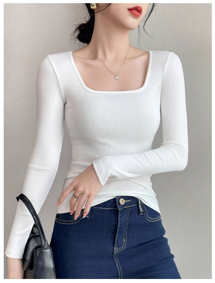 NOME Square Neck Ribbed Long Sleeve T-Shirt for Women, Autumn New Style Design Waist-Cinching Slimming Inner Layer Top, Black, M 12