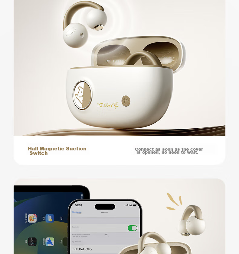IKF PetClip True Wireless Bluetooth Headphones, Open-Ear Clip-On Bone Conduction Wireless Earphones, HiFi Sound Quality, Long Battery Life, Suitable for Sports And Students, Compatible with Phones, Khaki 25