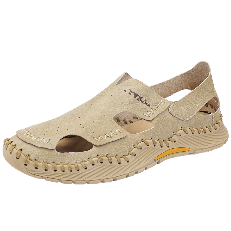 Bull Family Men's Summer Breathable Sandals Men's Closed-Toe Leather Sandals Outdoor Casual Trendy Hole Shoes