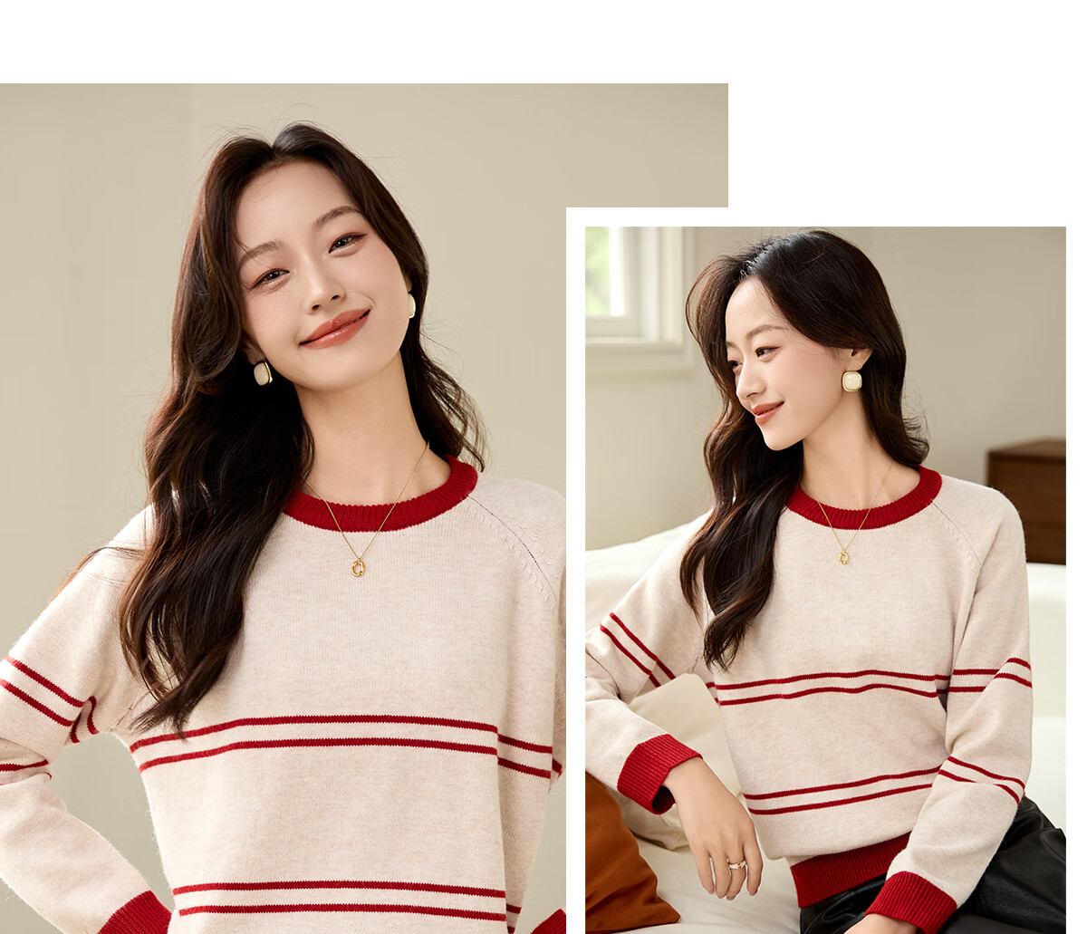 PinCai Women's Classic Striped Colorblock Sweater Early Spring Crew Neck Knitwear P144Z9024 32