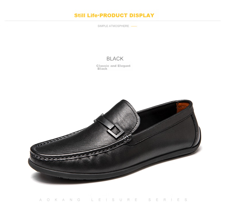 Aokang Business Casual Leather Shoes, Comfortable Soft Sole Driving Shoes, Low-Top Slip-On Loafers, Lazy Slip-Ons, Black, Size 39 9