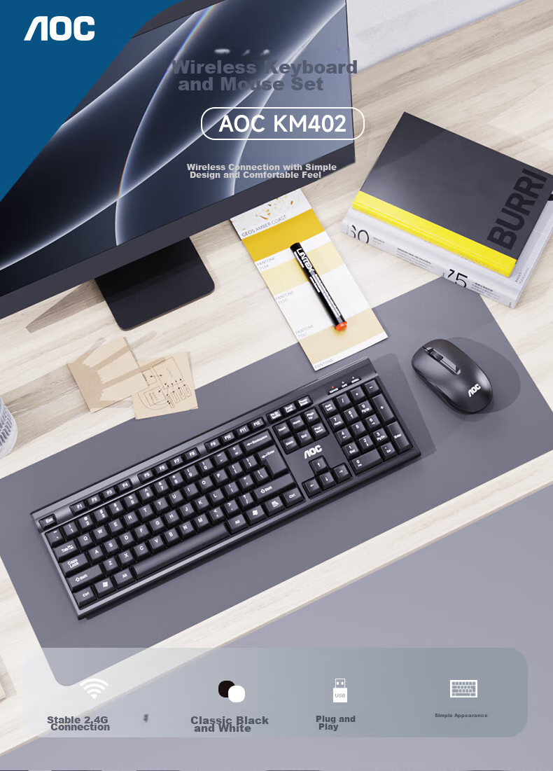 AOC KM402 Wireless Keyboard And Mouse Combo Set, Splash-Resistant Design, Business Office Home Keyboard, Compatible with Laptops And Desktop Computers, White 1