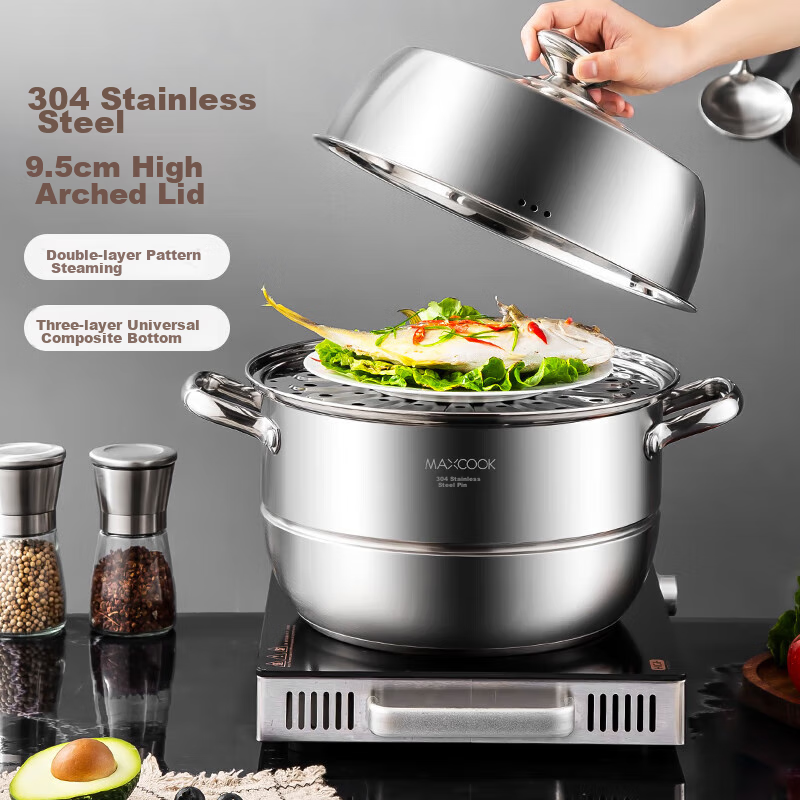 Meichun (Maxcook) Steamer Pot, 304 Stainless Steel 28cm Two-Layer Steamer, Thickened Base Soup Pot, Compatible with Gas And Induction Cookers, MCZ557