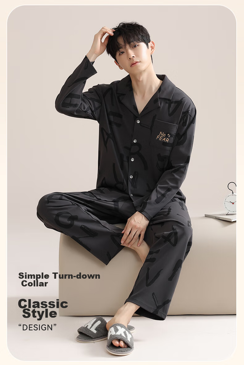 MiiOW [100% Pure Cotton] Men's Pajamas, Spring And Autumn Long-Sleeve, 10A Antibacterial, Anti-Mite, Sweat-Absorbing, Breathable Home Wear Set 13