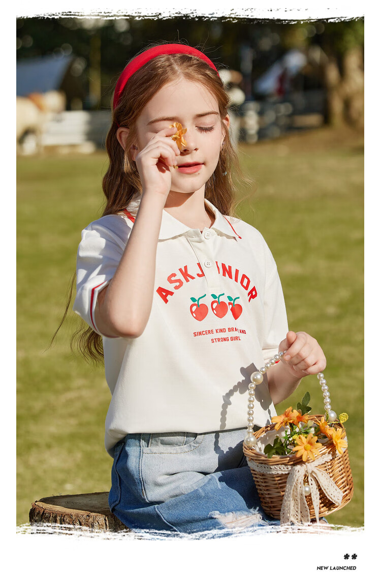 ASK JUNIOR Children's Clothing, Girls' T-Shirt, for Older Kids, Short-Sleeved Summer Wear, Sports Casual Breathable Polo Shirt, White, Size 120 6