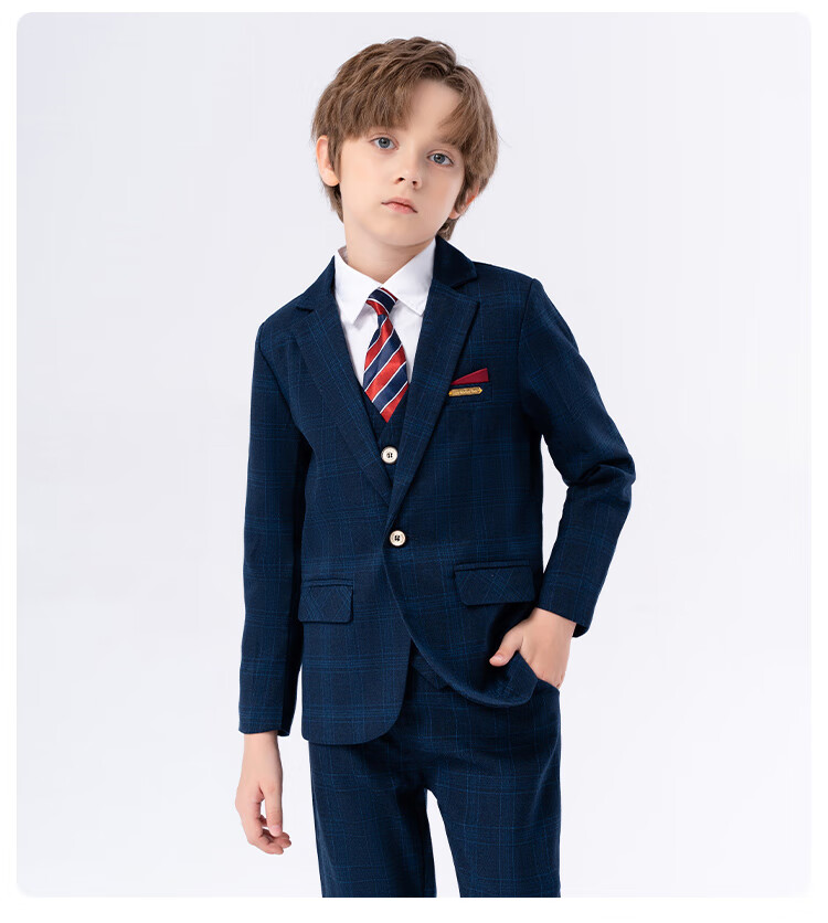 LUOBOBEIBEI Boys' Suit Spring Formal Wear Set, Children's Stylish Small Suit, Piano Greeting Outfit, Blue Plaid Five-Piece Set, Size 120 4