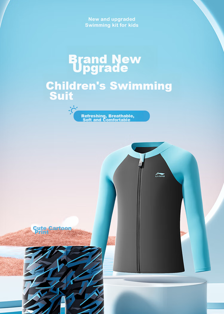 Li-Ning Children's Swimwear, Boys' Long-Sleeve Sun Protection Two-Piece Swimsuit And Swim Trunks, Hot Spring Swimming Gear, 8772 Blue-Gray, Size 170 1