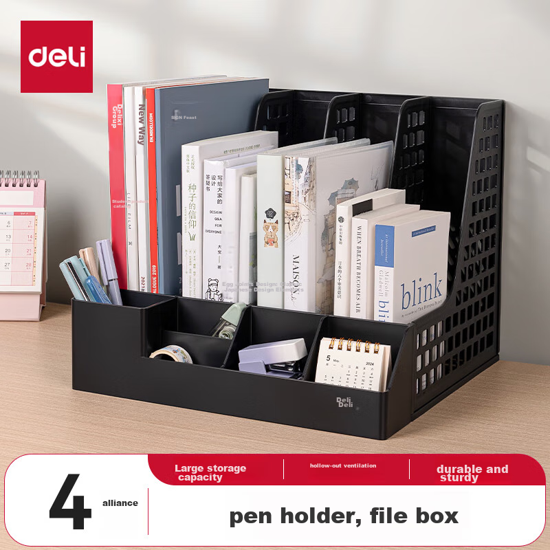 Deli 4-Tier Desk Organizer with Pen Holder, Multifunctional Desktop File Storage Box, Document Tray, Bookend Rack, Office Supplies Multi-Layer File Storage Shelf, Document Holder, Hollow Black