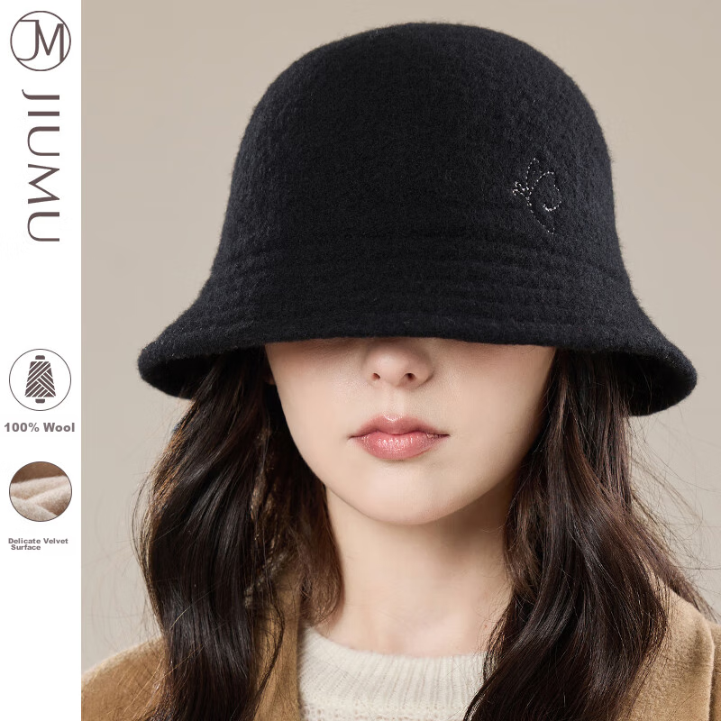 JIUMU Pure Wool Warm Fisherman Hat, Autumn And Winter Face-Slimming Bucket Hat, Elegant Top Hat, Winter Hat, Windproof And Cold-Resistant Cap for Wome